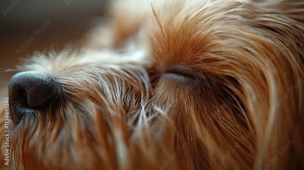 Close-up of a sleeping dog's face, showing its fur and nose. Close-up of a sleeping dog's face, showing its fur and nose.