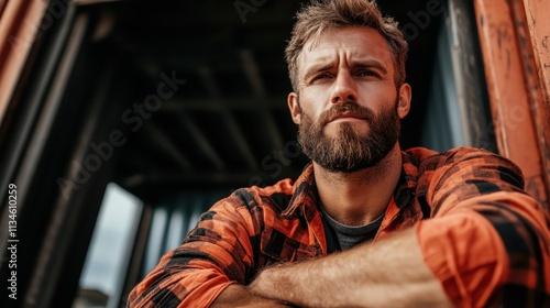 A ruggedly handsome man in a plaid shirt showcases a pensive yet confident demeanor while set against an industrial-themed background, embodying rugged individualism. photo