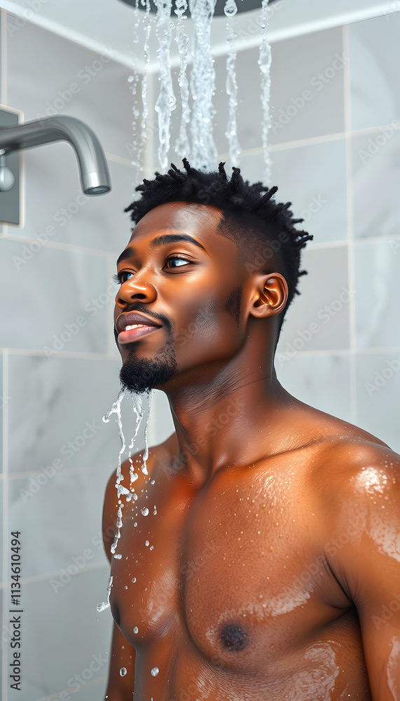 Young African-American man showers in modern bathroom, facing hot water jets, relaxed, colorful, with white tones Young African-American man showers in modern bathroom, facing hot water jets, relaxed, colorful, with white tones