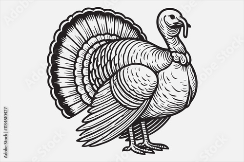 A black and white line art illustration of a turkey standing upright.