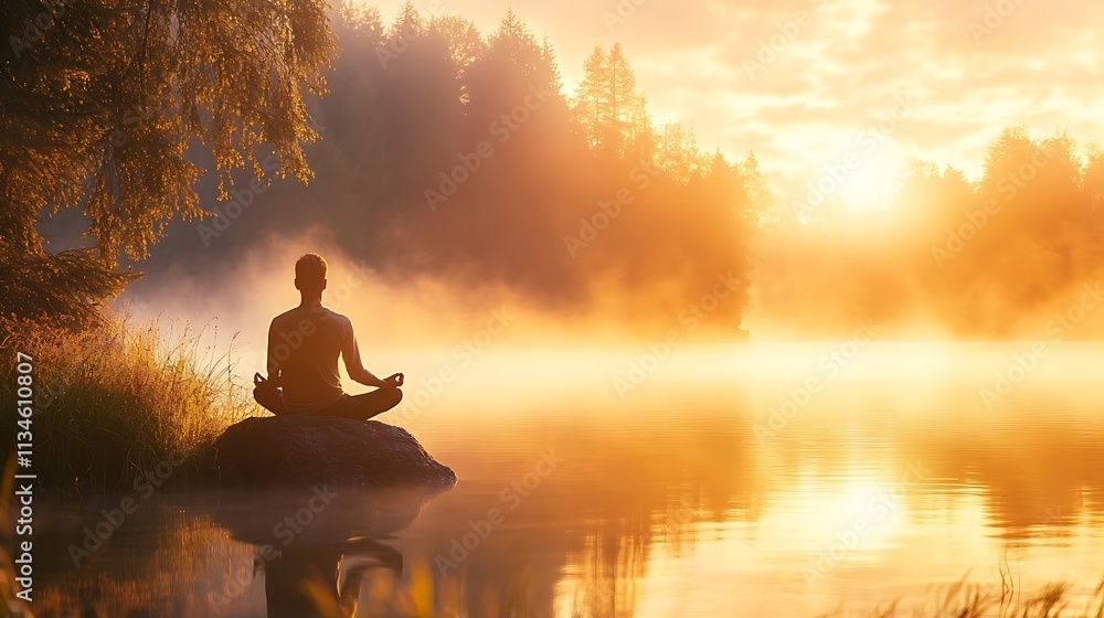 Man Meditates Sunrise Lake Peaceful Serenity Man Meditates Sunrise Lake Peaceful Serenity
