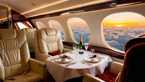 A luxurious, cream-leather clad private jet cabin, adorned with polished wood accents and sleek metal trim, hosts an intimate dinner for two, set against the warm, golden glow of a breathtaking sunset