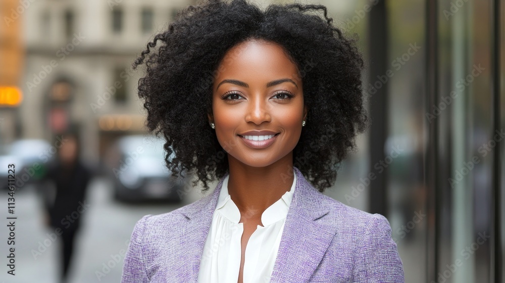 Professional woman with curly hair smiles confidently while walking along a city street Professional woman with curly hair smiles confidently while walking along a city street