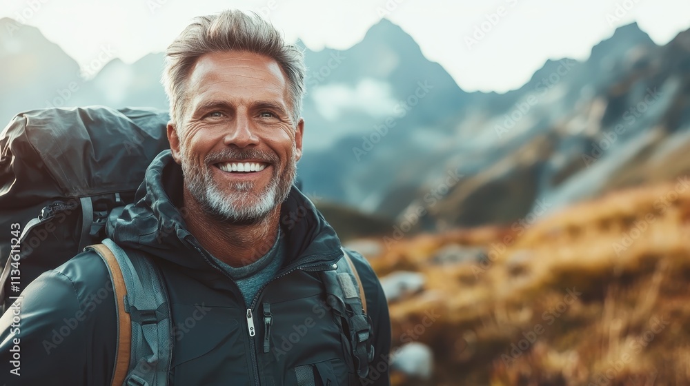 A silver-haired man with a backpack beams with joy exploring a serene mountain valley, capturing the essence of freedom and the spirit of exploration. A silver-haired man with a backpack beams with joy exploring a serene mountain valley, capturing the essence of freedom and the spirit of exploration.
