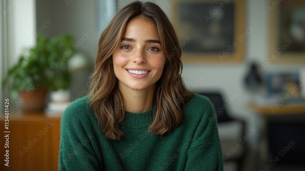 Young woman with long hair smiles warmly while sitting indoors in a comfortable and inviting space Young woman with long hair smiles warmly while sitting indoors in a comfortable and inviting space