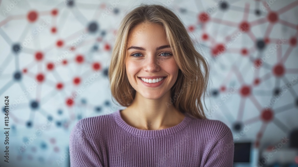 Bright and cheerful young woman poses with a smile in a stylish workspace with creative decor Bright and cheerful young woman poses with a smile in a stylish workspace with creative decor