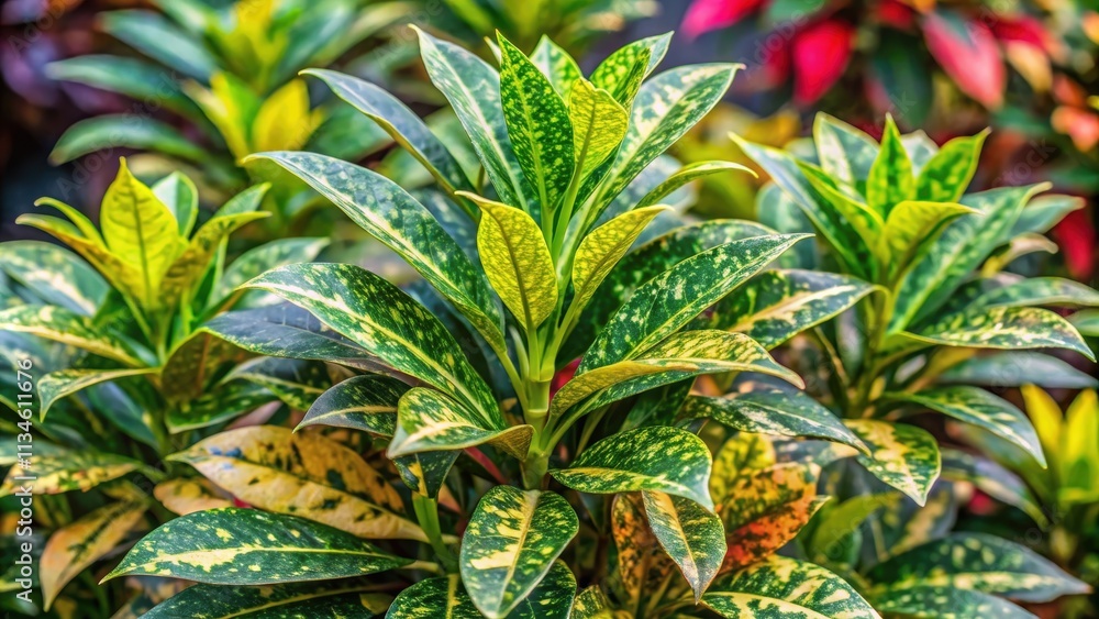 Vibrant variegated laurel plant in full bloom on a natural background, Croton, Variegated Laurel, Garden, Plant, Nature Vibrant variegated laurel plant in full bloom on a natural background, Croton, Variegated Laurel, Garden, Plant, Nature