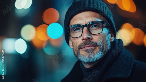 A stylish bearded man wearing glasses and a beanie, exudes enjoyment in an evening urban setting with cool blue and orange bokeh lights creating captivating atmosphere.