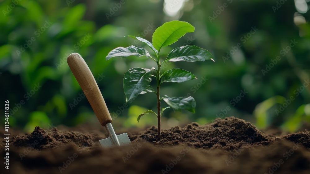 New Plant Growth with Gardening Tool in Natural Environment New Plant Growth with Gardening Tool in Natural Environment