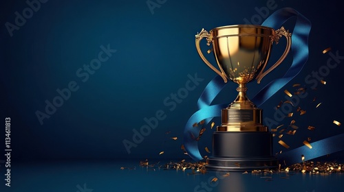 A shiny gold trophy stands proudly on a dark surface with a blue ribbon and colorful confetti