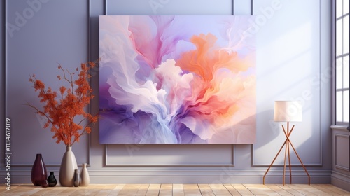 Abstract Art Canvas, Modern Interior, Soft Pastel Colors, Flowing Color Blend, Wall Decor, Contemporary Style, Home Aesthetics, Artistic Ambiance, Living Room Artwork, Vase Arrangement
