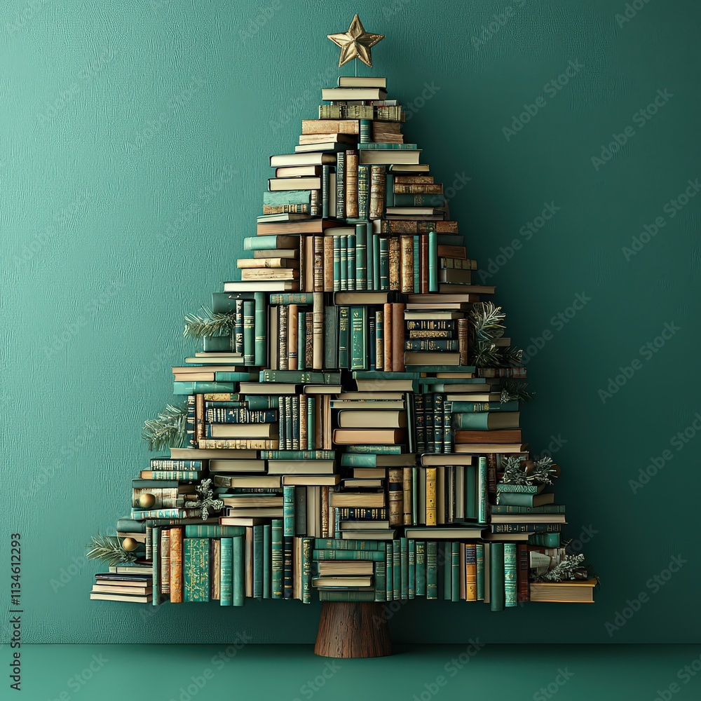 Christmas tree made of books on a pastel background, in a minimalistic style, isolated on a pastel green background. Christmas tree made of books on a pastel background, in a minimalistic style, isolated on a pastel green background.