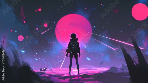 Game character in space wallpaper in futuristic style 