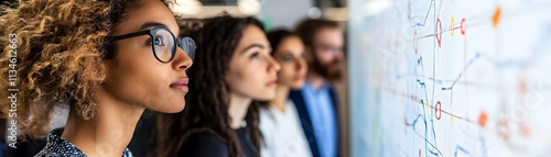 Focused Team Studying Colorful Chart; Business Strategy Session, Collaboration, Analysis, Innovation, Teamwork, Progress, Success, Vision, Planning, Goals, Results, Data, Market, G