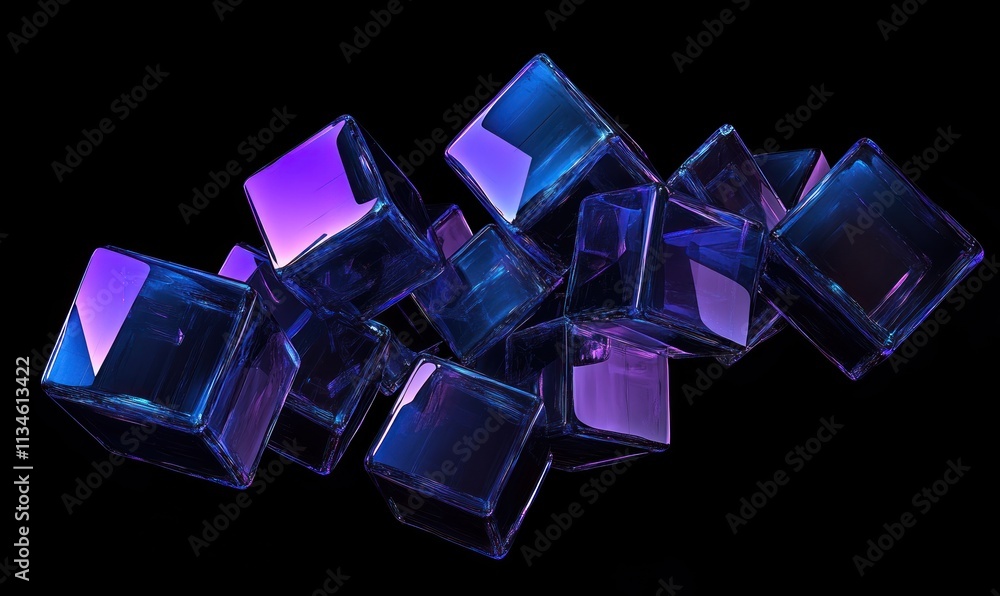 Purple translucent cubes float against a black background. Purple translucent cubes float against a black background.