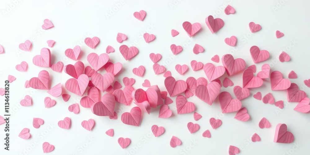 Delicate pink paper hearts confetti scattered on white background, valentine, joyful, hearts Delicate pink paper hearts confetti scattered on white background, valentine, joyful, hearts