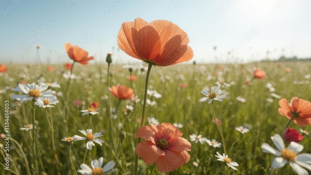 Fototapeta premium Delicate poppy and chamomile blossoms, sunlit field, field, white