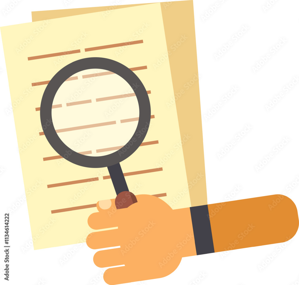 Hand holding a magnifying glass while examining a document filled with lines of text, illustrating concepts of research, investigation, analysis, and verification in detail Hand holding a magnifying glass while examining a document filled with lines of text, illustrating concepts of research, investigation, analysis, and verification in detail