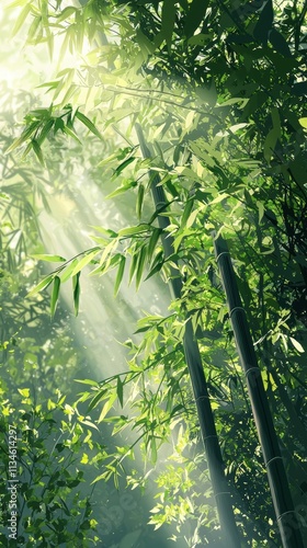 Serene bamboo forest with sunlight digital illustration for ads photo