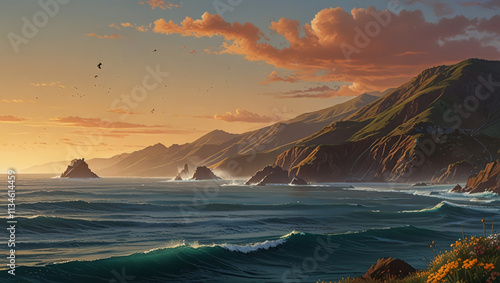 illustration of a sea view from a mountain