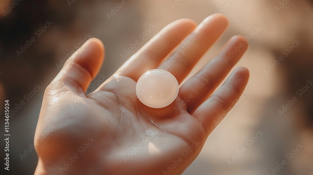 A hand holds a small white sphere gently A hand holds a small white sphere gently