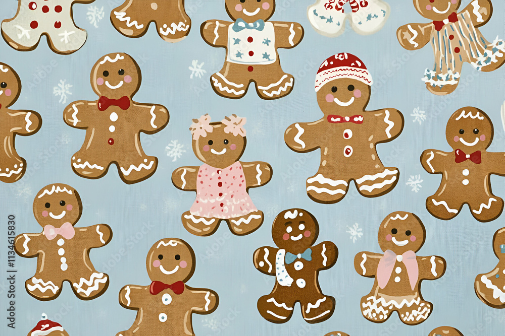 A festive pattern of decorated gingerbread cookies in various designs and colors. A festive pattern of decorated gingerbread cookies in various designs and colors.