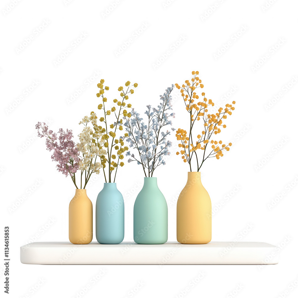 A vibrant display of colorful flowers in stylish vases on a shelf., isolated on a transparent background. A vibrant display of colorful flowers in stylish vases on a shelf., isolated on a transparent background.