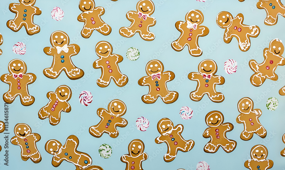 A festive arrangement of gingerbread cookies on a light blue background. A festive arrangement of gingerbread cookies on a light blue background.
