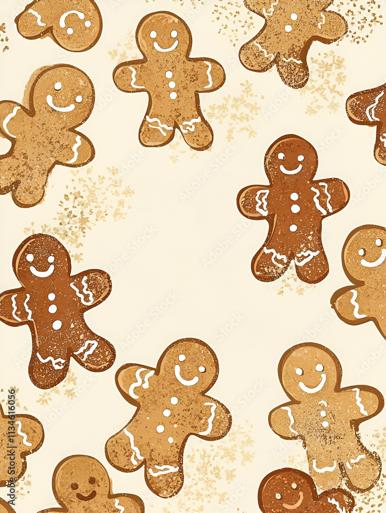 A festive pattern of gingerbread cookies with smiling faces, perfect for holiday themes. A festive pattern of gingerbread cookies with smiling faces, perfect for holiday themes.
