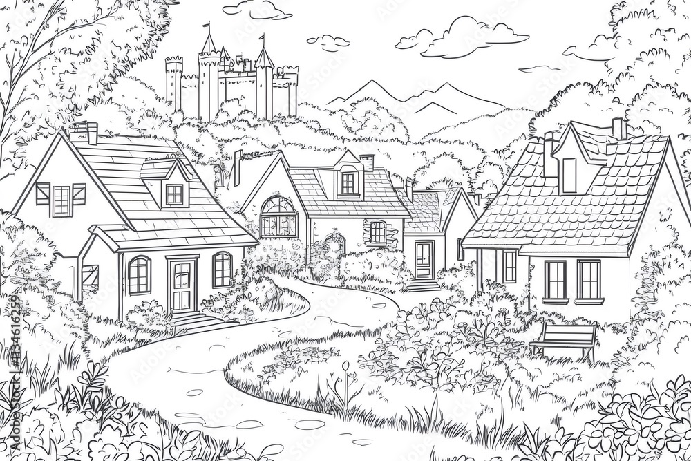 Winding path meandering through a charming village surrounded by lush greenery, with a majestic castle watching over the scene Winding path meandering through a charming village surrounded by lush greenery, with a majestic castle watching over the scene
