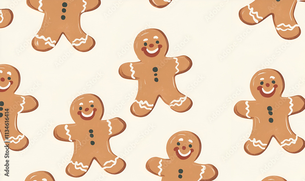 A playful pattern of smiling gingerbread men, ideal for festive designs and holiday themes. A playful pattern of smiling gingerbread men, ideal for festive designs and holiday themes.