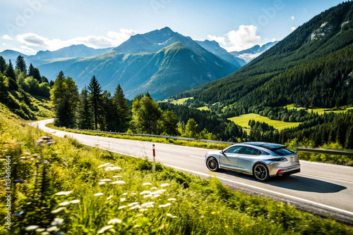 Modern Electric Car Driving Along Scenic Mountain Roads in Summer Sunshine