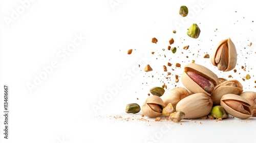 Pistachios with vividly detailed fragments exploding mid-air against a clean white background, evoking themes of motion, natural beauty, and indulgence. photo