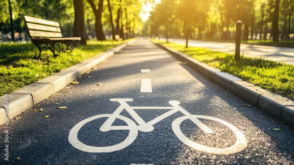 Scenic Bike Path Surrounded by Lush Green Trees in a Sunlit Urban Park Ideal for Cycling Enthusiasts and Nature Lovers Alike on a Clear Day Scenic Bike Path Surrounded by Lush Green Trees in a Sunlit Urban Park Ideal for Cycling Enthusiasts and Nature Lovers Alike on a Clear Day