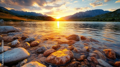 A stunning image captures the serenity of a tranquil mountain lake, framed by distant peaks, all under the vibrant hues of a picturesque sunset sky. photo