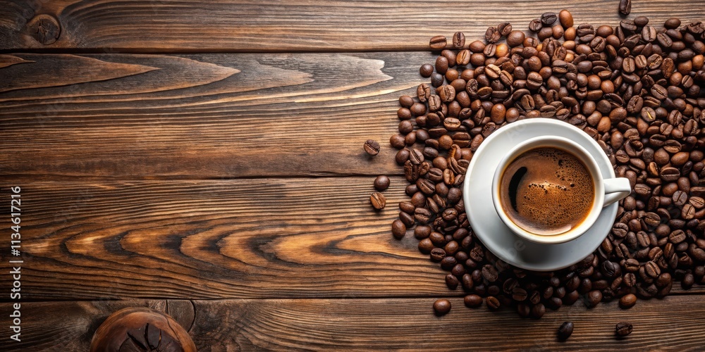 Top view of coffee cup and coffee beans on wooden background , Coffee, cup, beans, wooden, background, top view, drink Top view of coffee cup and coffee beans on wooden background , Coffee, cup, beans, wooden, background, top view, drink