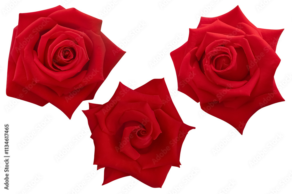 Three crimson roses blooming isolated on the white background.Photo with clipping path. Three crimson roses blooming isolated on the white background.Photo with clipping path.