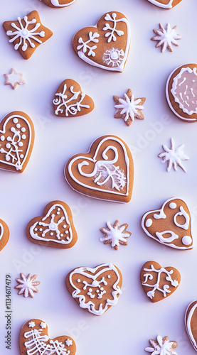 A variety of decorated gingerbread cookies in heart shapes and festive designs.