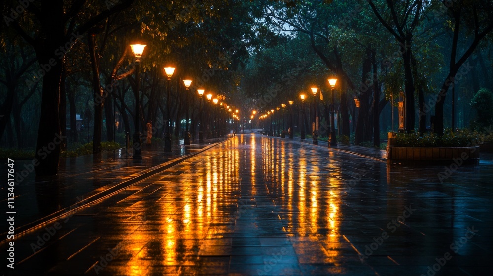 Serene Rainy Nightscape with Illuminated Pathway and Reflections Serene Rainy Nightscape with Illuminated Pathway and Reflections