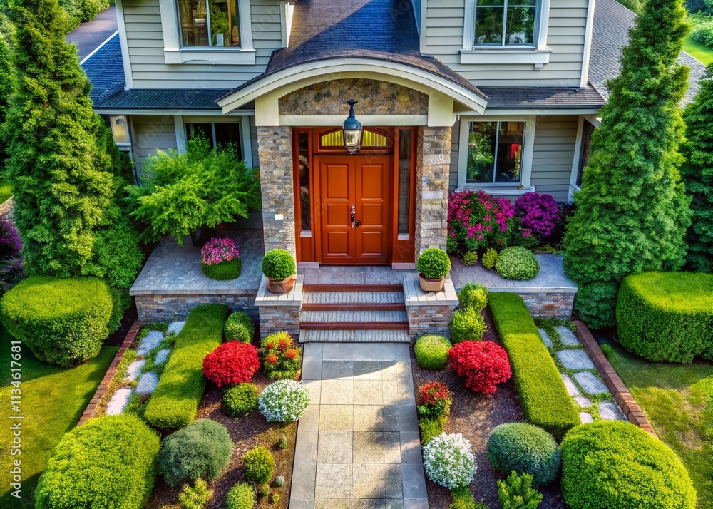 Obraz premium Aerial View of a Beautifully Designed Front Door in a Modern House Surrounded by Lush Green Landscaping Captured by Drone Photography for Architectural Inspiration