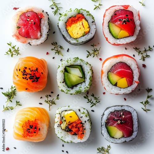 Colorful Variety of Sushi Rolls on White Background photo