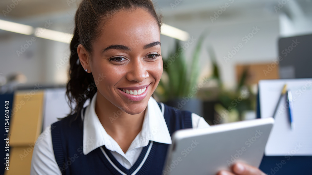 Happy young mixed-race woman engaging with a tablet, smiling while seated in a modern office filled with greenery. Happy young mixed-race woman engaging with a tablet, smiling while seated in a modern office filled with greenery.