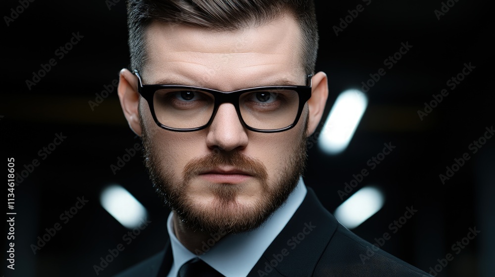 Close-up portrait of a serious young man in a suit and glasses. Close-up portrait of a serious young man in a suit and glasses.