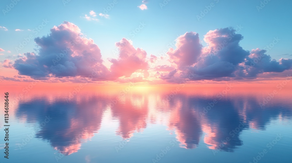 Obraz premium Tranquil sunset over a calm sea, reflecting vibrant clouds and colors.