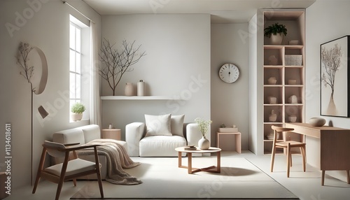 Serene Neutrals: A Minimalist Living Room with Wooden Accents.