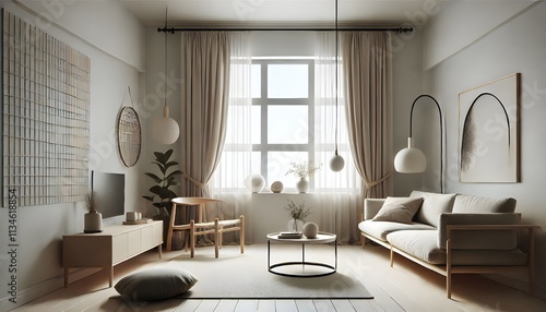 Minimalist, neutral-toned living room with simple furnishings and decor.