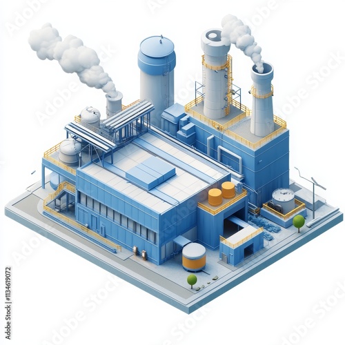 Isometric Blue Factory Illustration with Smoke Stacks