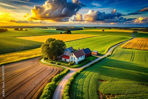 Aerial View of a Charming Farmhouse Surrounded by Lush Green Fields and Golden Crops, Capturing the Serenity of Rural Life in a Picturesque Landscape