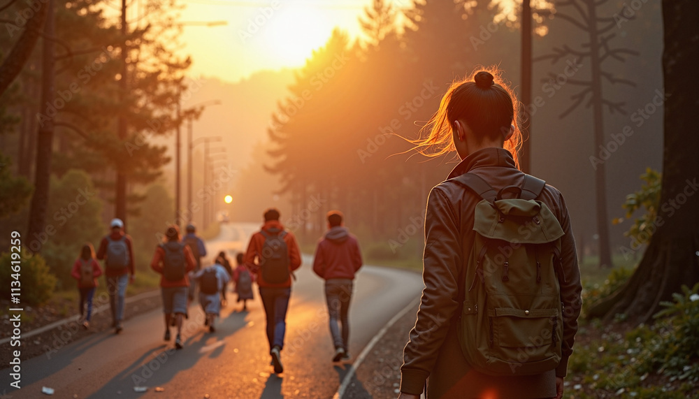 Fototapeta premium Woman hiking on a sunlit road surrounded by trees at sunset