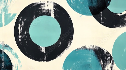 Minimalist patterns of overlapping circles in monochrome with a splash of teal on a soft cream canvas photo